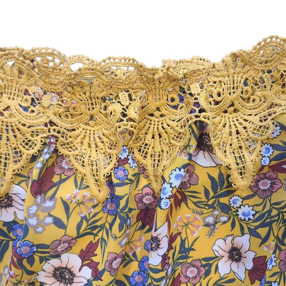Essue Off Shoulder Floral Blouse Mustard Yellow Crochet Lace XL Boho - Picture 3 of 11